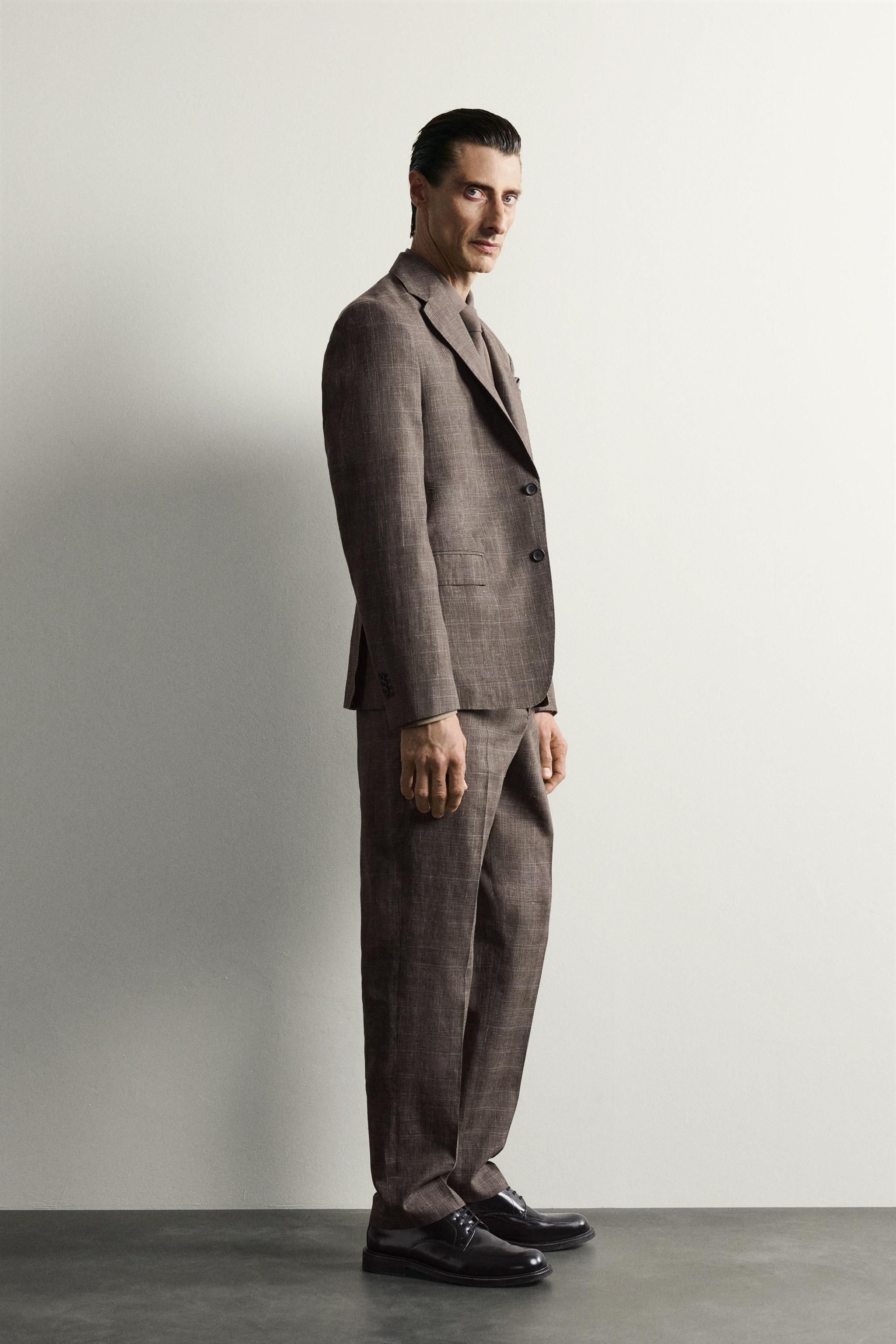 PANTALON DE COSTUME À CARREAUX LIN/LAINE